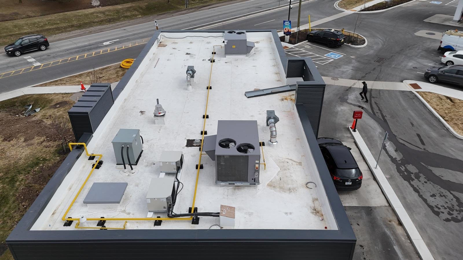 Commercial flat roof with ventilation and mechanical equipment